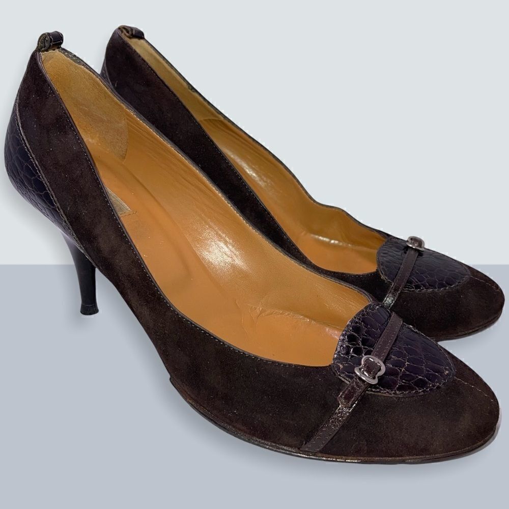 Furla Brown Suede & Croc Print Leather Pumps Size 40 US size 10 Nice Condition